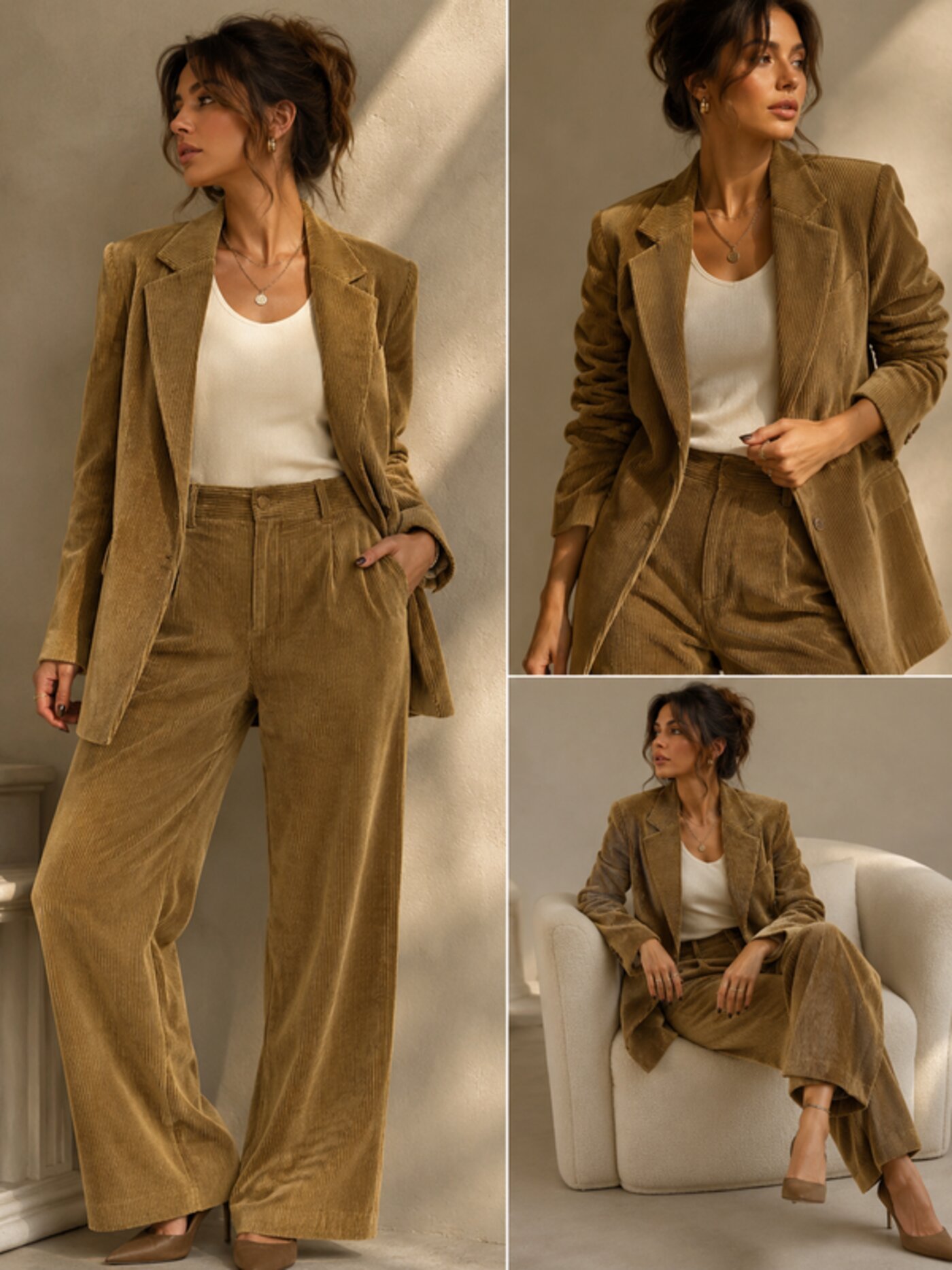 Model wearing FlexNova Neocord corduroy suit